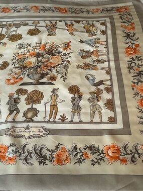 Hermes Silk Scarf in Cream, Orange & Brown Floral Garden Motif